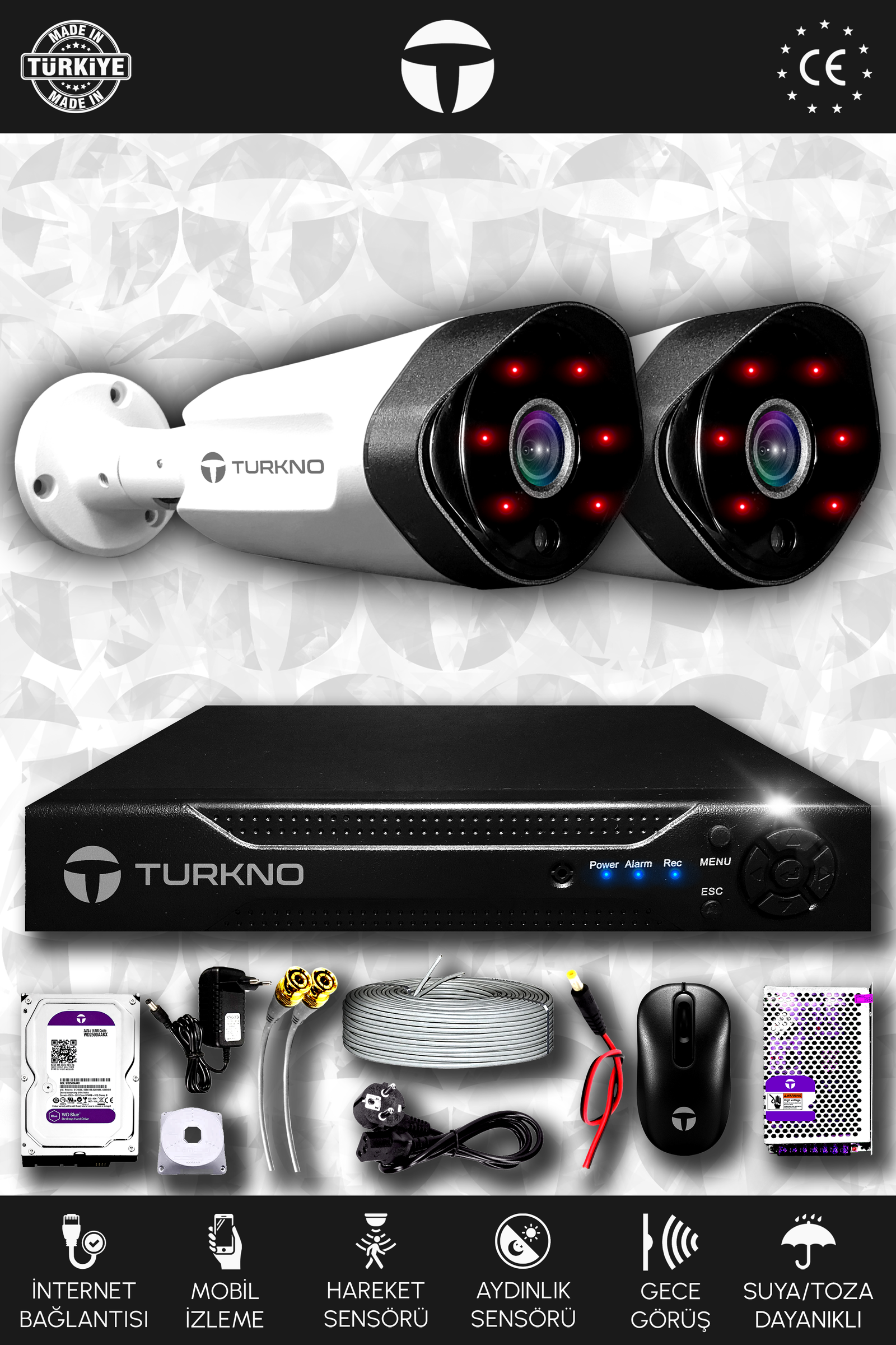 2 Kameralı Galia 2 Dış Kamera Set 500 GB HDD Full HD Gece Görüşlü Güvenlik Kamerası Sistemi