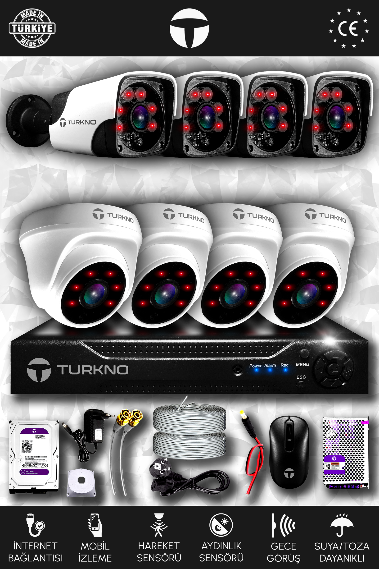 8 Kameralı Pania 4 İç Kamera Set 2 TB HDD Full HD Gece Görüşlü Güvenlik Kamerası Sistemi