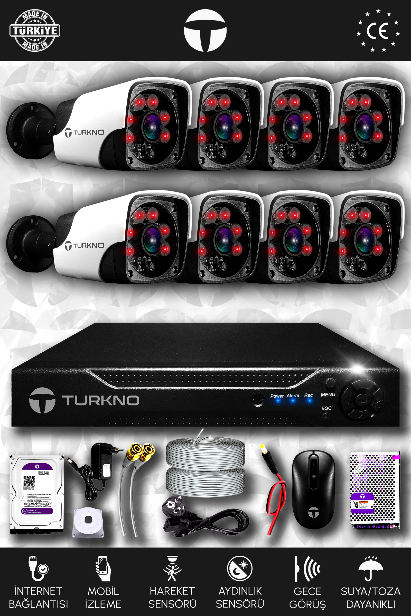 8 Kameralı Pania 8 Dış Kamera Set 2 TB HDD Full HD Gece Görüşlü Güvenlik Kamerası Sistemi