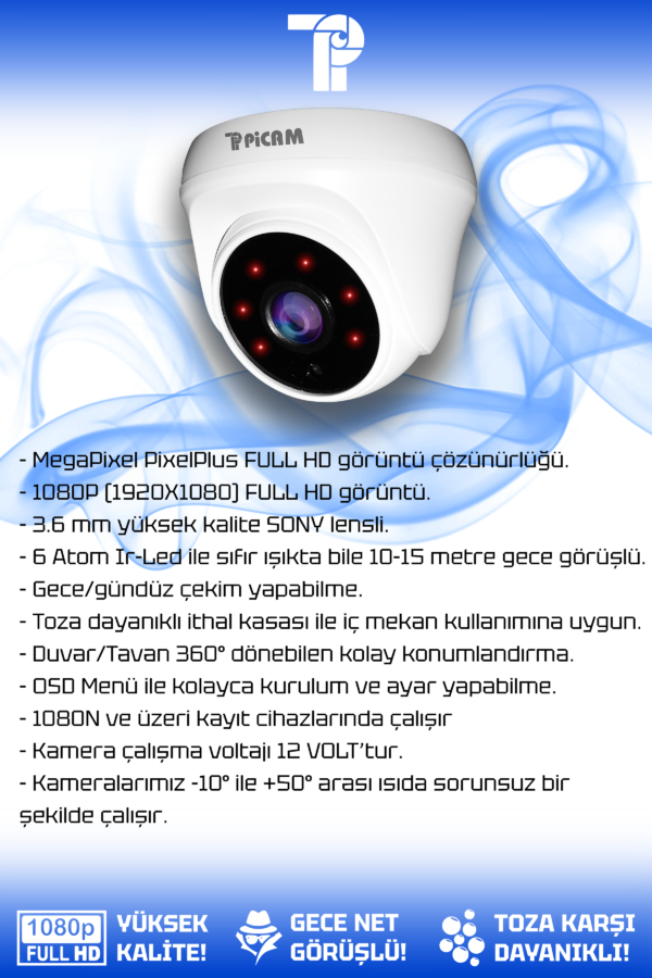 1 Dome Kamera Dome İç Mekan Full HD Gece Görüşlü Irled Kameralı AHD Güvenlik Kamerası - Görsel 2